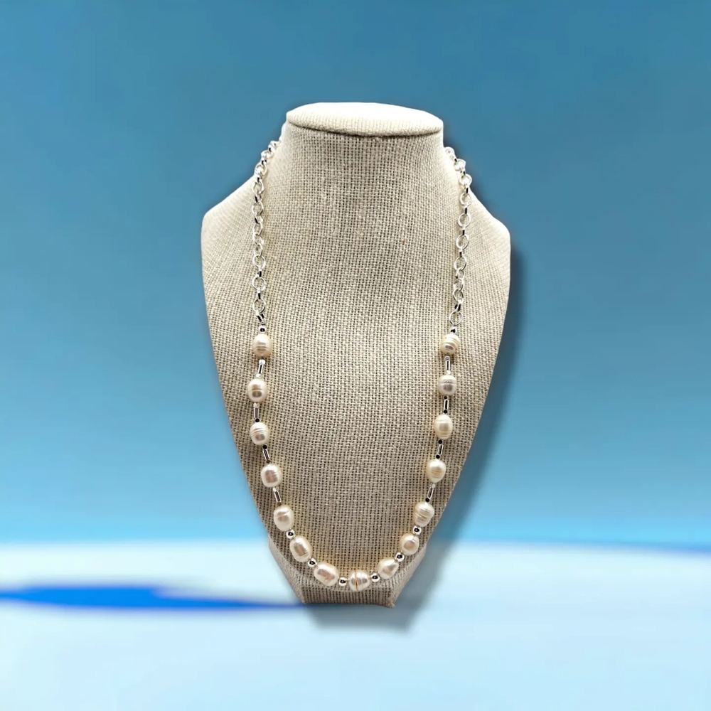 Freshwater Pearl silcer tone Stainless steel chain necklace